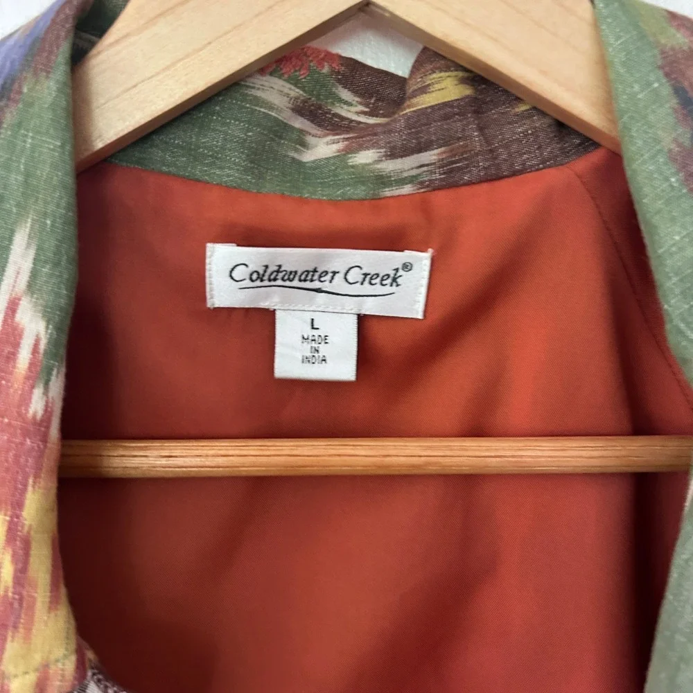 Coldwater Creek Blazer Womens L Green Ikat Floral Embroidered Linen Boho Jacket